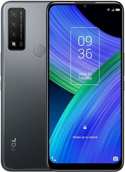 TCL 20 R 5G front view, gray smartphone with blue and green diagonal stripe lock screen displaying time and date