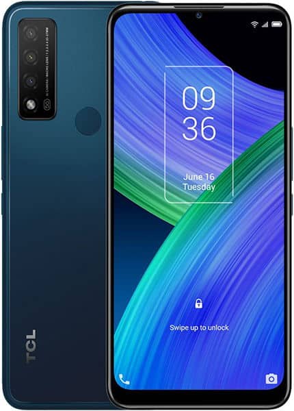 TCL 20 R 5G front view with blue and green gradient lock screen display and quad rear camera setup