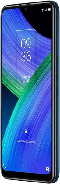 TCL 20 R 5G smartphone front view, displaying blue and green striped wallpaper with time and lock screen interface