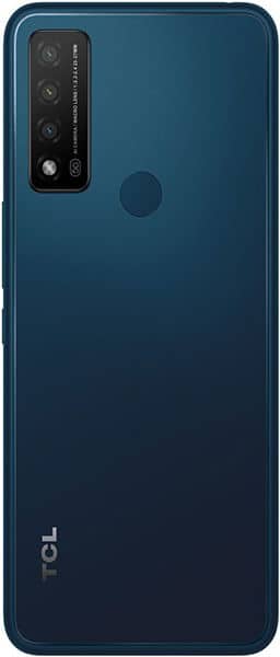 TCL 20 R 5G rear view, dark blue back panel with camera array and fingerprint sensor