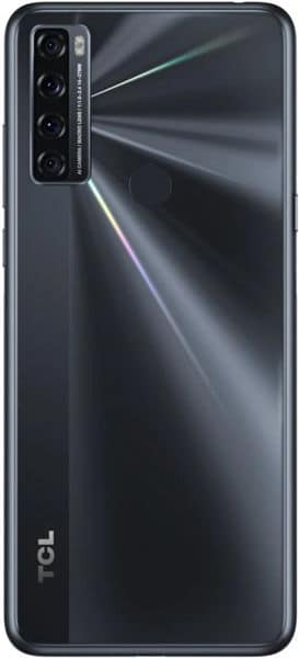TCL 20 SE rear view, dark gray phone with quad camera setup on left side and TCL branding