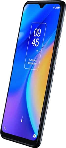 TCL 20 SE front view, displaying colorful gradient wallpaper on screen with time and date visible