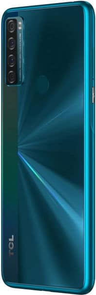TCL 20 SE smartphone in teal, rear view showing quad camera array and glossy back panel with curved edges