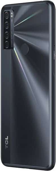 TCL 20 SE smartphone, rear view, showing dark gray back with geometric light pattern and vertical camera array on left side