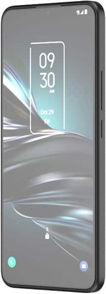 TCL 20 XE front view showing home screen with time 09:30 displayed on black display with blue accent graphics