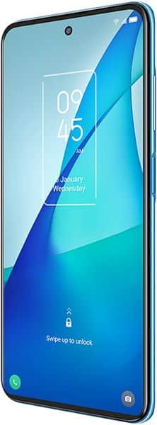 TCL 20L+ smartphone, front view, displaying lock screen with blue gradient wallpaper and time display