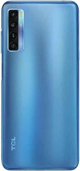 TCL 20L+ rear view, blue finish with triple rear camera setup and TCL branding visible