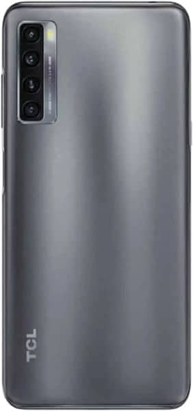 TCL 20L+ rear view showing triple camera setup and gradient gray finish