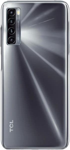 TCL 20L rear view, showing quad camera setup on left and striped metallic gray back panel