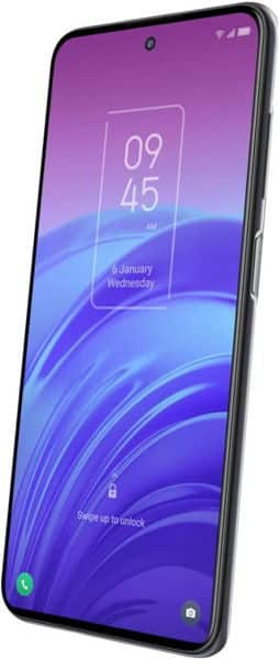 TCL 20L smartphone front view with purple gradient display showing time and date widgets on lock screen