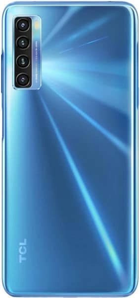 TCL 20L smartphone, rear view, showing blue gradient back with quad camera setup and TCL branding