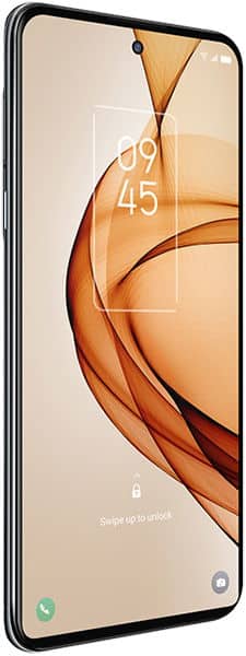 TCL 20S smartphone, front view, displaying home screen with abstract orange swirl wallpaper and time 9:45