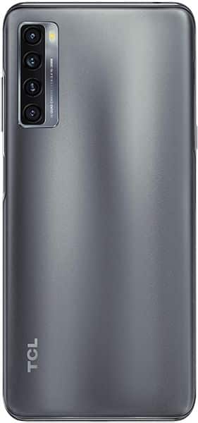 TCL 20S rear view, showing gray back panel with quad camera array and TCL logo