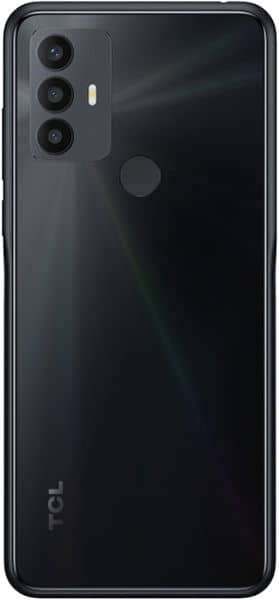 TCL 30 SE rear view, black phone with triple camera array and fingerprint sensor