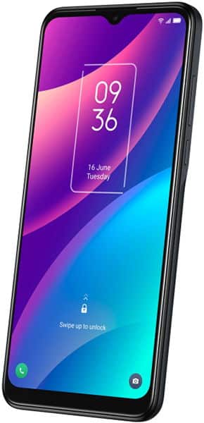 TCL 30 SE smartphone front view with vibrant purple-to-blue gradient display showing time 09:36 and lock screen