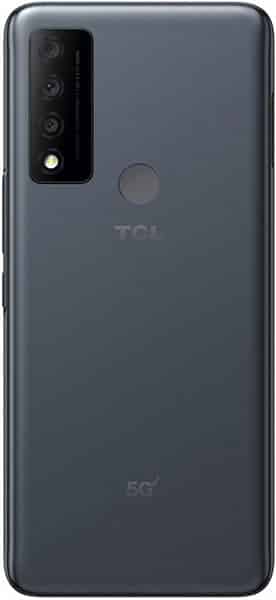 Rear view of TCL 30 V 5G in dark gray with vertical triple cameras, rear fingerprint sensor, and TCL/5G logos at the bottom.