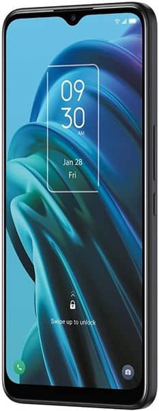 TCL 30 XE 5G front view showing lock screen with time 09:30, date Jan 28, and blue abstract wallpaper