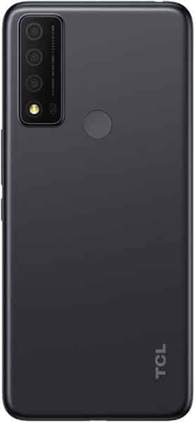 TCL 30 XE 5G rear view, showing dark gray back with triple camera system and fingerprint sensor
