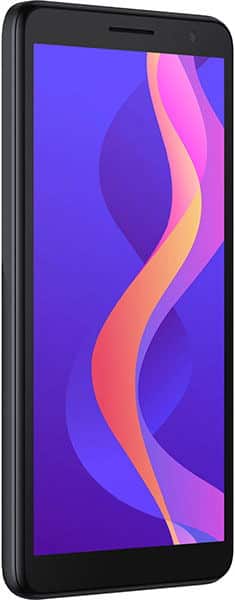 TCL 303 smartphone displaying colorful purple, pink, and orange abstract wallpaper on screen, shown from front angle