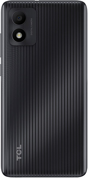 TCL 303 rear view, black smartphone with dual camera and vertical ribbed texture pattern