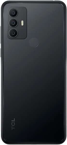 TCL 305 smartphone from the rear, showing triple camera setup and dark gray back panel with TCL branding