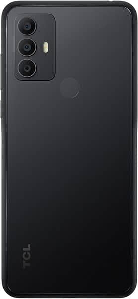 TCL 306 rear view, black phone with triple camera module and fingerprint sensor