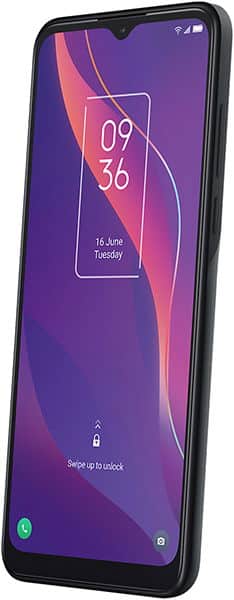 TCL 306 smartphone, front view, displaying purple and pink wallpaper with time and date on screen