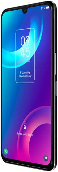 TCL 30 smartphone shown from the front, displaying a colorful blue and purple gradient lock screen with time and date