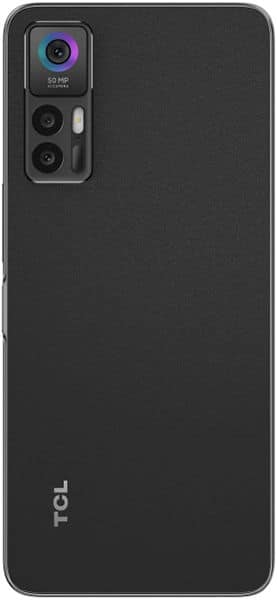 TCL 30 rear view, black phone showing triple camera setup with 50MP label and TCL branding