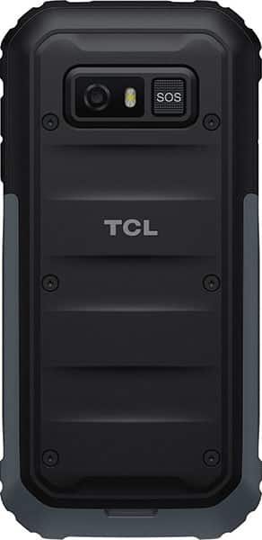 TCL 3189 rugged phone, rear view, showing camera, LED flash, and SOS button on black body