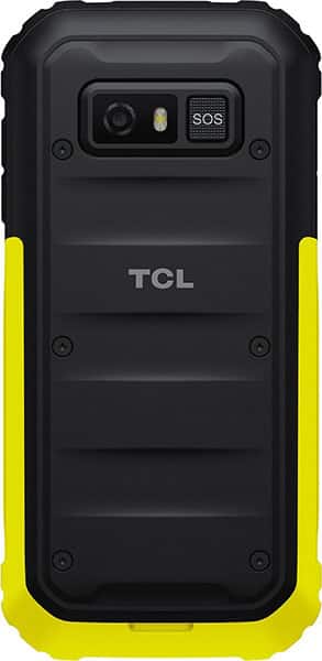 TCL 3189 rugged phone, rear view, black with yellow accents and camera and SOS button