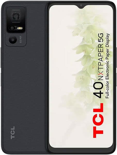 TCL 40 NxtPaper 5G front view, black smartphone with dual rear cameras and waterdrop notch display showing NxtPaper branding