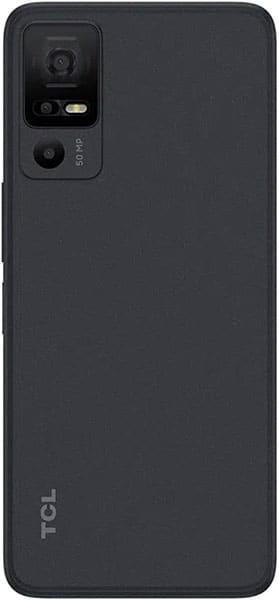 TCL 40 NxtPaper 5G rear view showing dark gray body with dual camera module and TCL branding