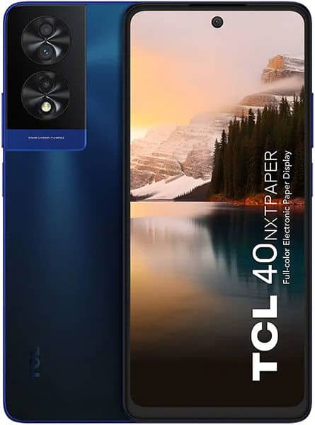 TCL 40 NxtPaper front view, blue body with dual rear cameras, displaying landscape photo on screen