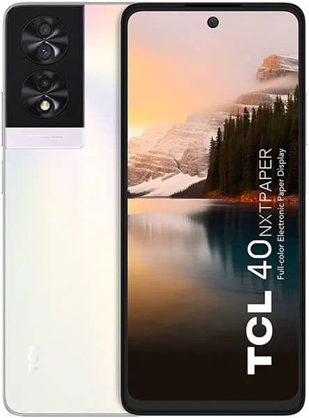 TCL 40 NxtPaper front view showing white and black two-tone design with dual rear cameras and landscape display with mountain lake scene