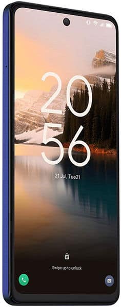 TCL 40 NxtPaper front view showing lock screen with time 20:36, landscape wallpaper, and unlock options