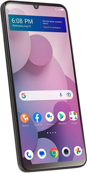TCL 40 T smartphone displayed front-on, showing home screen with time, weather widget, Google search bar, and app icons including Facebook, Google, and Play Store