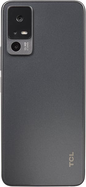 TCL 40 T rear view showing dual camera module and gray textured back panel