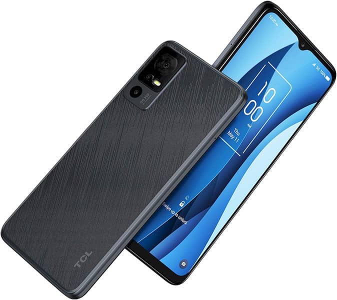 TCL 40 X smartphone shown front and rear views, displaying blue interface on screen and dual rear cameras on dark textured back