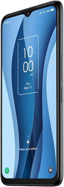 TCL 40 X smartphone front view with blue display showing time 10:00 and lock screen