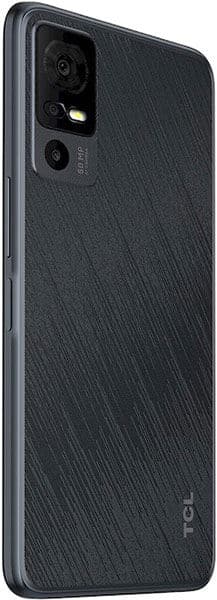 TCL 40 X rear view, showing dark textured back panel with dual camera setup and LED flash