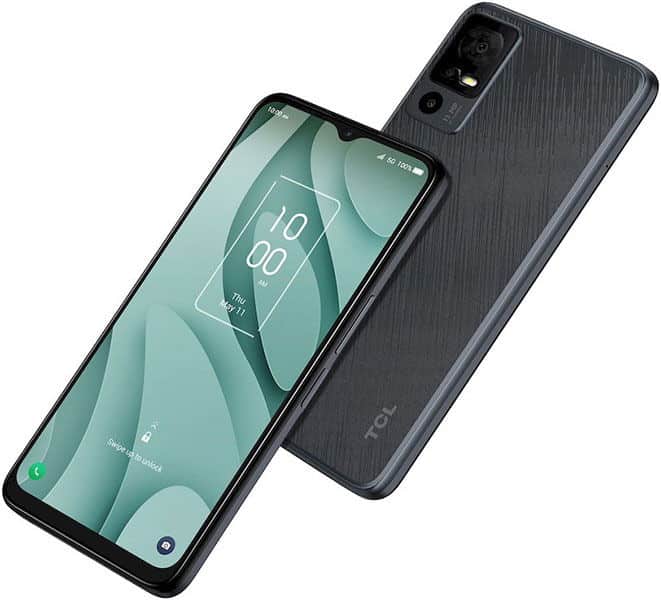 TCL 40 XE front and rear view, showing teal display with time and textured dark back panel with dual cameras