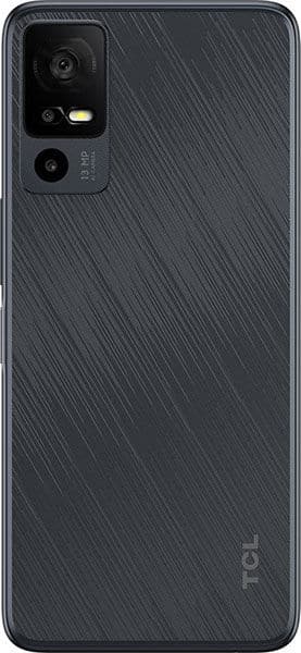 TCL 40 XE rear view, showing dual cameras and textured dark gray back panel
