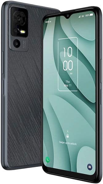 TCL 40 XE smartphone shown front and back, displaying lock screen with time 10:00 on textured dark gray body