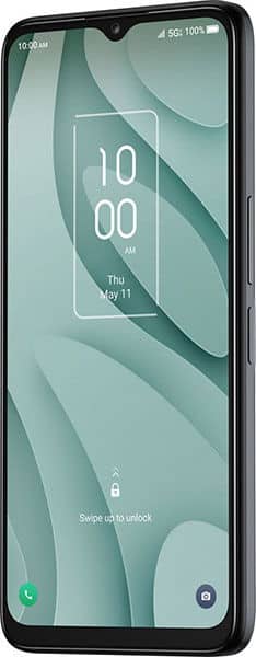 TCL 40 XE smartphone front view with display showing time 10:00 and lock screen interface