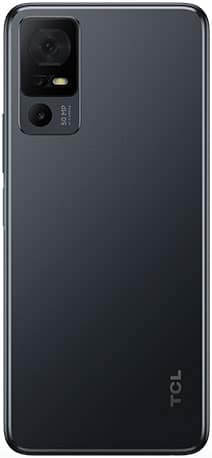TCL 40 XL rear view, showing dark gray back panel with dual camera module in upper left corner and TCL branding on lower right