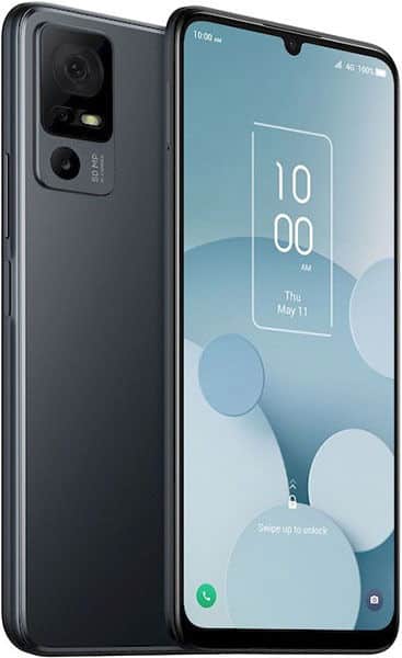 TCL 40 XL smartphone shown from front and rear angles, featuring a dark gray body with dual rear cameras and a large display with waterdrop notch showing time and date