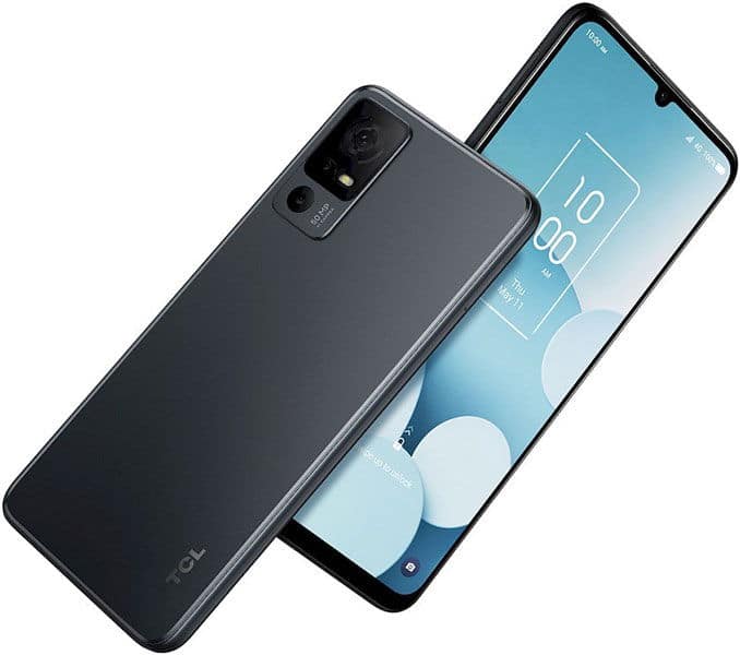 TCL 40 XL smartphone shown from rear and front angles, displaying dual-camera setup and blue lock-screen display