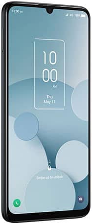 TCL 40 XL smartphone front view, displaying lock screen with time 10:00 AM and date Thursday May 11