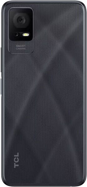 TCL 405 rear view, dark gray phone with vertical ribbed texture and camera module with "Smart Camera" label